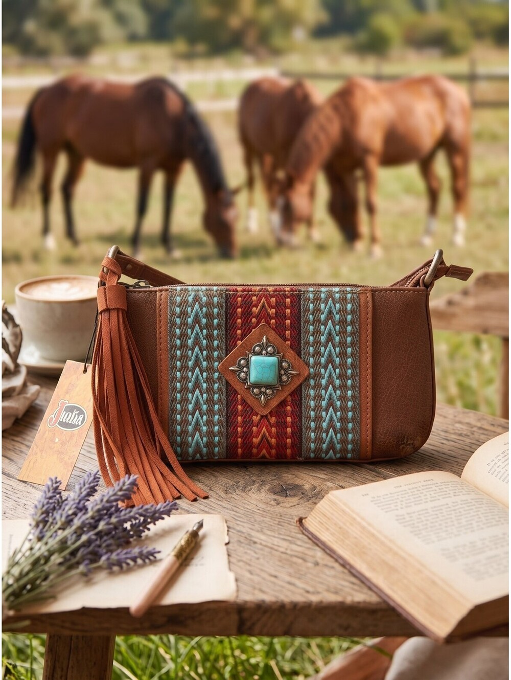 Justin Western Convertible Mini Bag Wristlet-Brown Tassel & Turquoise Stone
